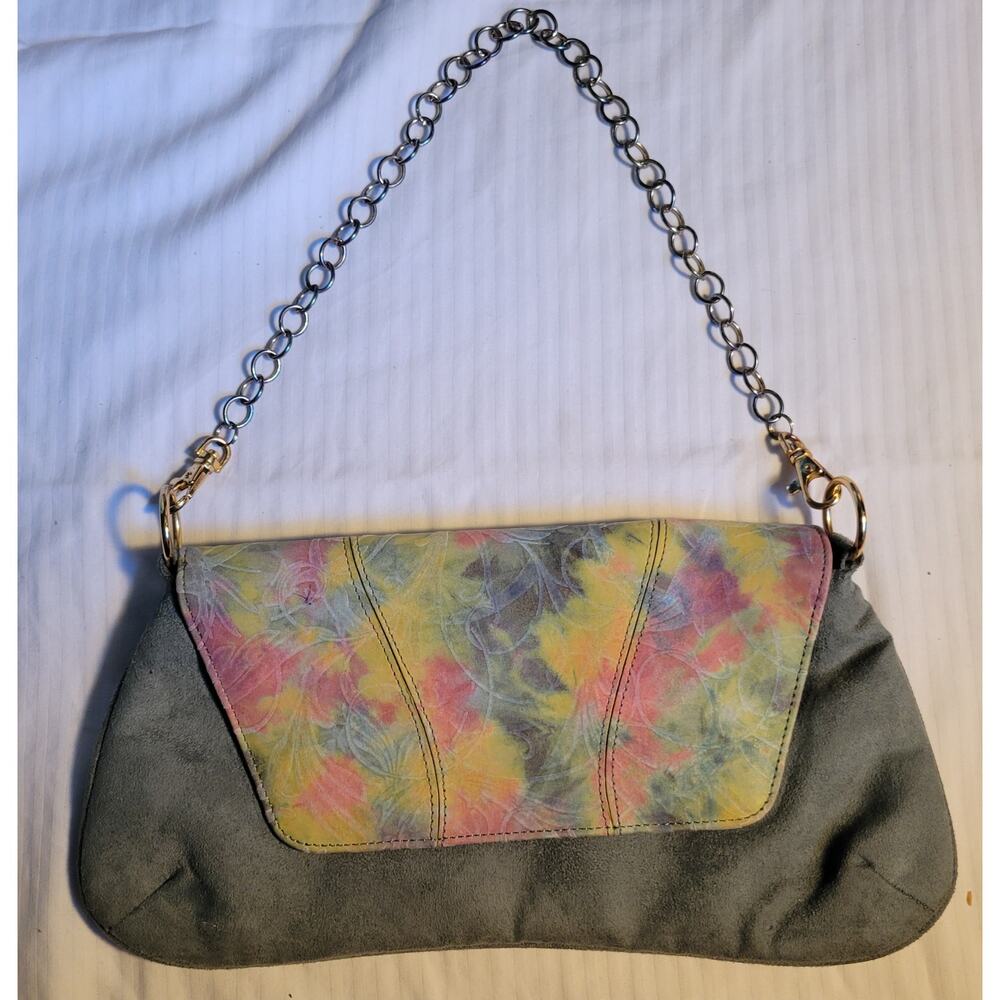 Bellini Suede Clutch Shoulder Bag Green And Floral Print Evening Bag